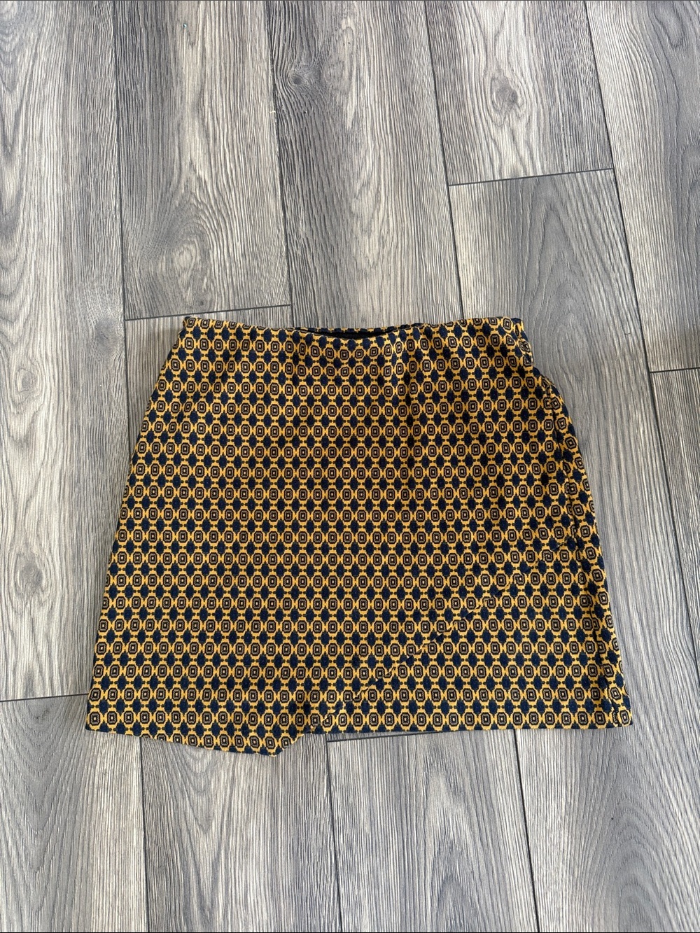 CAbi Mini Skirt in Mustard and Black Geometric Print
